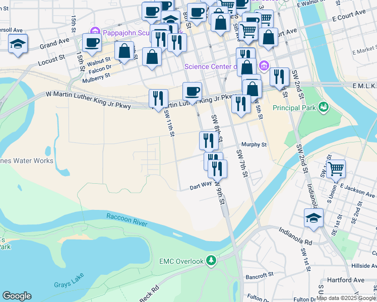 map of restaurants, bars, coffee shops, grocery stores, and more near 425 Southwest 11th Street in Des Moines
