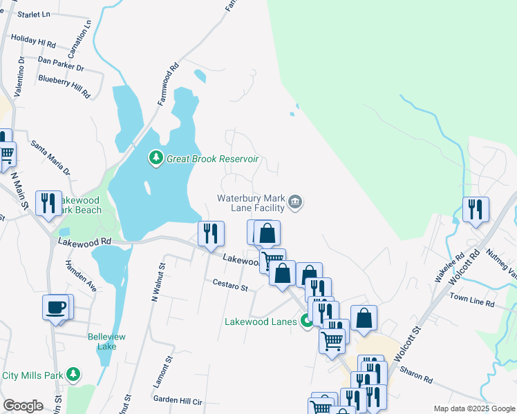 map of restaurants, bars, coffee shops, grocery stores, and more near 100 Grilleytown Road in Waterbury