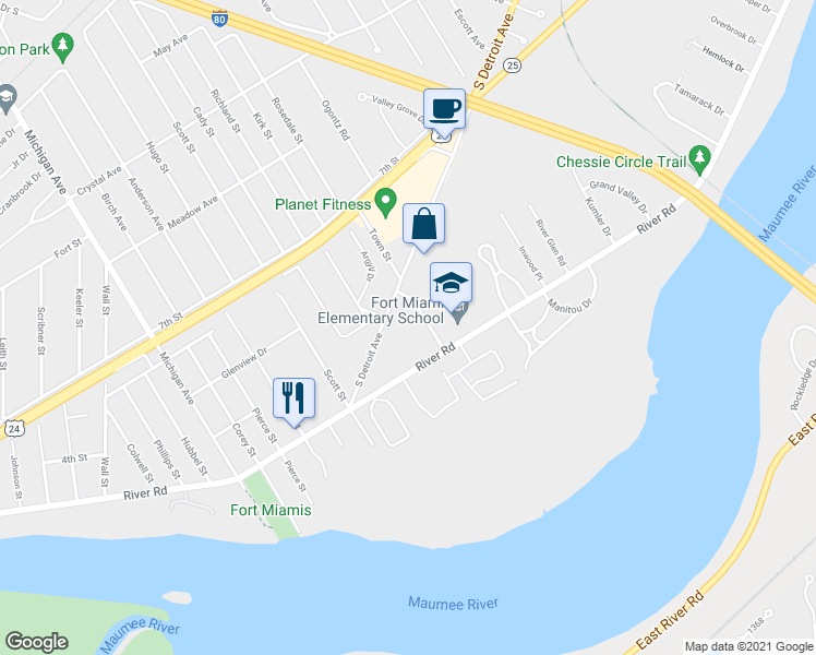 map of restaurants, bars, coffee shops, grocery stores, and more near 2430 Detroit Avenue in Maumee