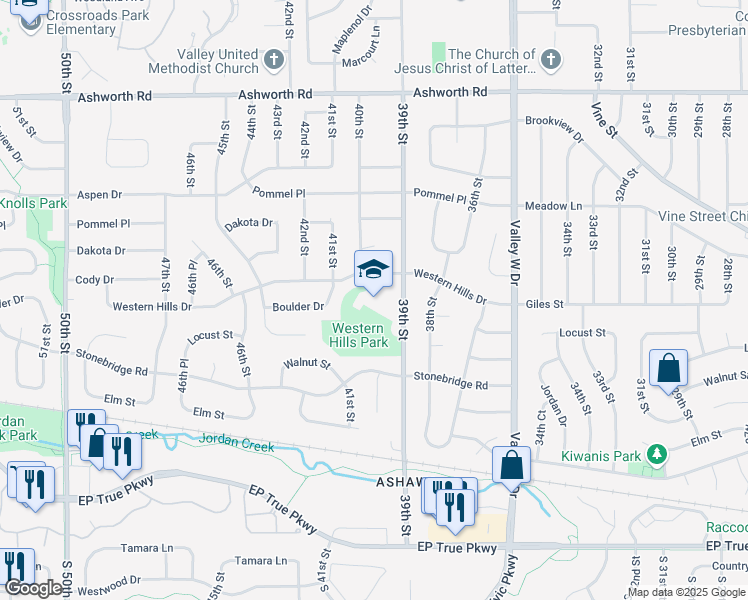 map of restaurants, bars, coffee shops, grocery stores, and more near 600 39th Street in Des Moines