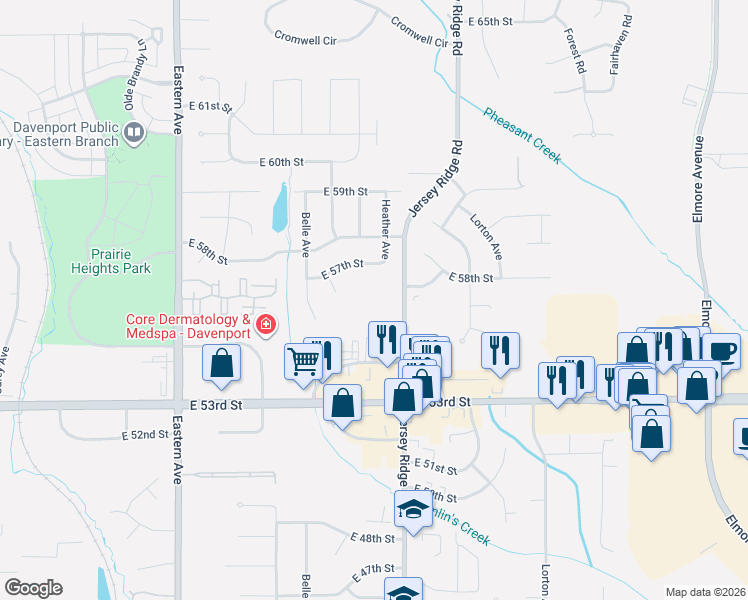 map of restaurants, bars, coffee shops, grocery stores, and more near 5600 Jersey Ridge Road in Davenport