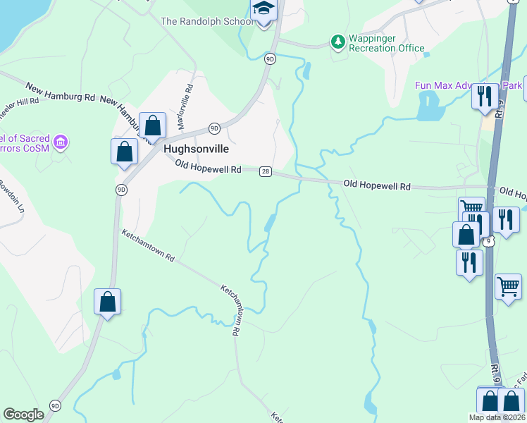 map of restaurants, bars, coffee shops, grocery stores, and more near 126 Old Hopewell Road in Wappingers Falls
