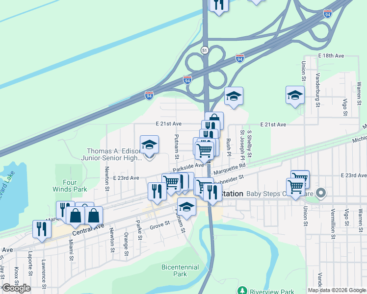 map of restaurants, bars, coffee shops, grocery stores, and more near 2100 Putnam Street in Lake Station