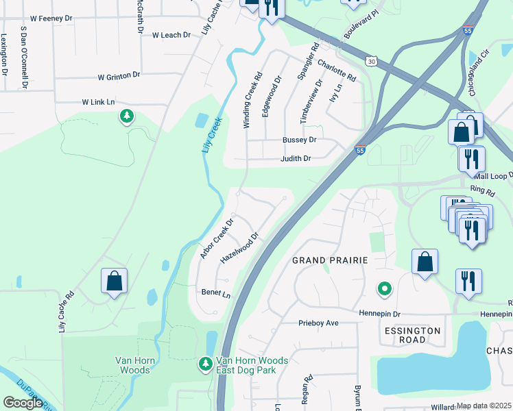 map of restaurants, bars, coffee shops, grocery stores, and more near 23043 Ironwood Drive in Plainfield