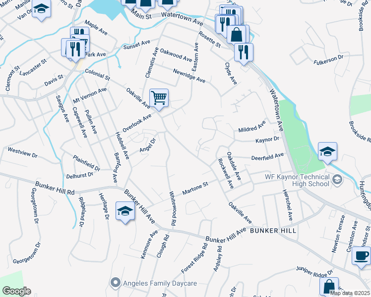 map of restaurants, bars, coffee shops, grocery stores, and more near 259 Oakville Avenue in Waterbury
