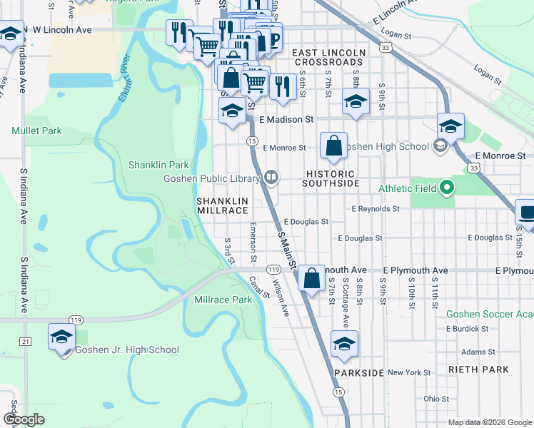 map of restaurants, bars, coffee shops, grocery stores, and more near 621 Indiana 15 in Goshen