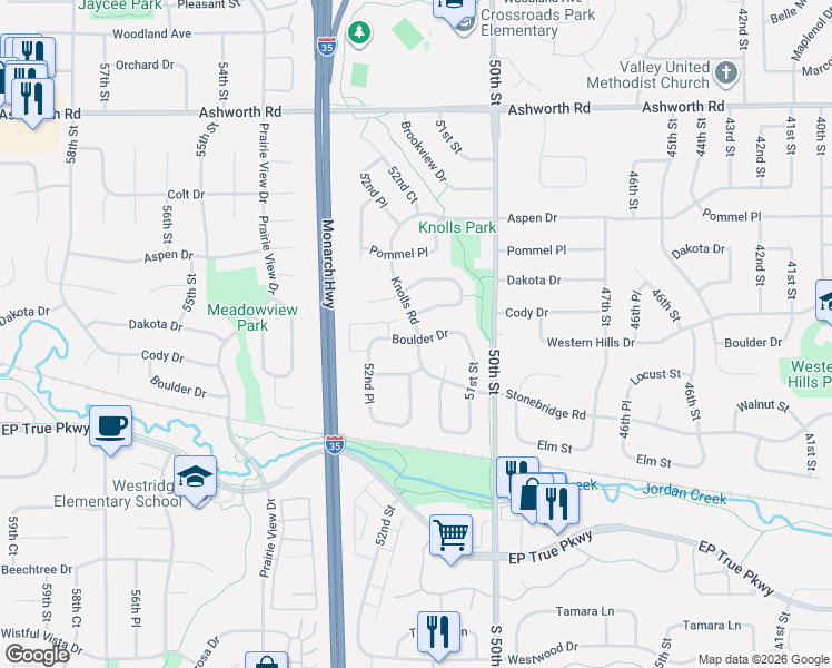 map of restaurants, bars, coffee shops, grocery stores, and more near 5212 Cody Drive in West Des Moines