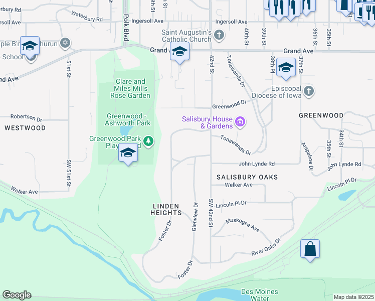 map of restaurants, bars, coffee shops, grocery stores, and more near 4239 Woodlawn Drive in Des Moines