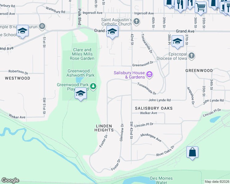 map of restaurants, bars, coffee shops, grocery stores, and more near 4239 Woodlawn Drive in Des Moines