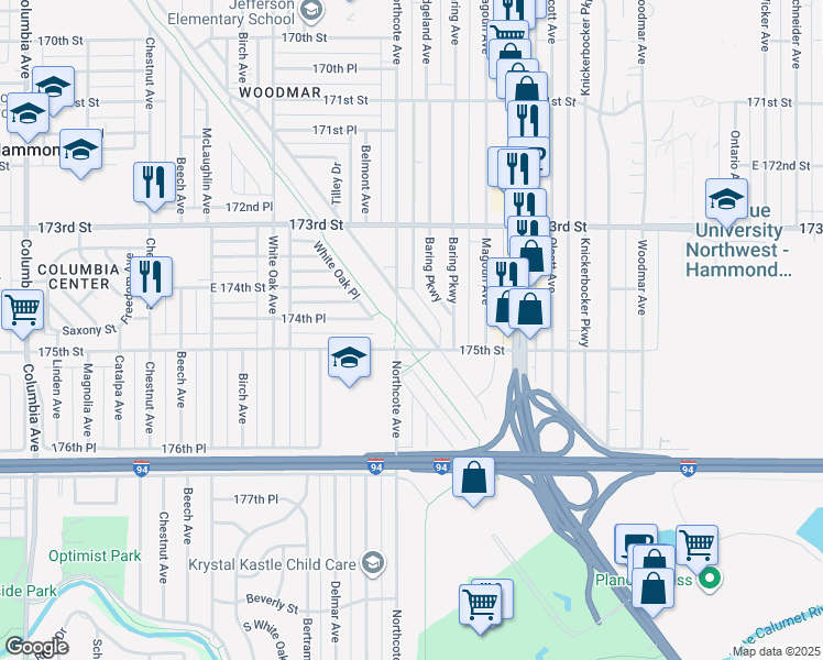 map of restaurants, bars, coffee shops, grocery stores, and more near 7440 Southeastern Avenue in Hammond