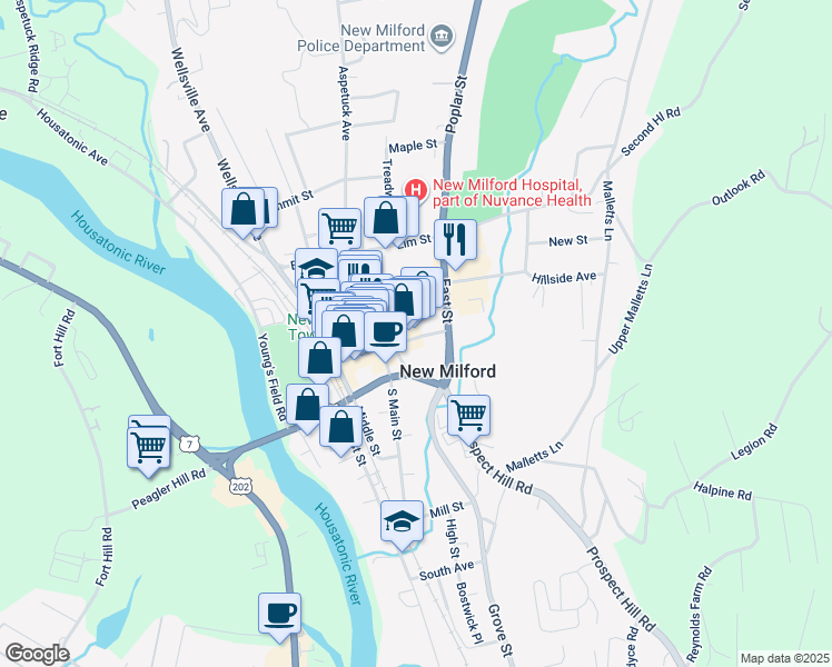 map of restaurants, bars, coffee shops, grocery stores, and more near 19 Church Street in New Milford
