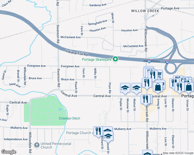 map of restaurants, bars, coffee shops, grocery stores, and more near 2500-2558 Willis Street in Portage