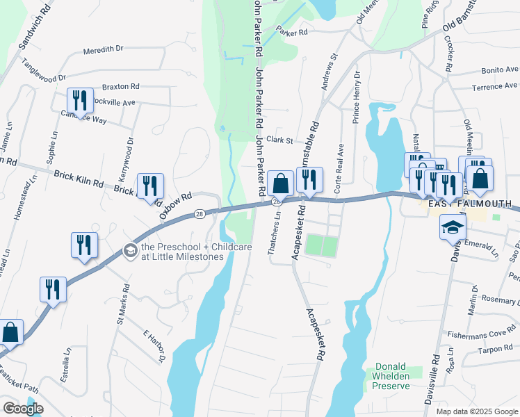 map of restaurants, bars, coffee shops, grocery stores, and more near 46 East Falmouth Highway in Falmouth