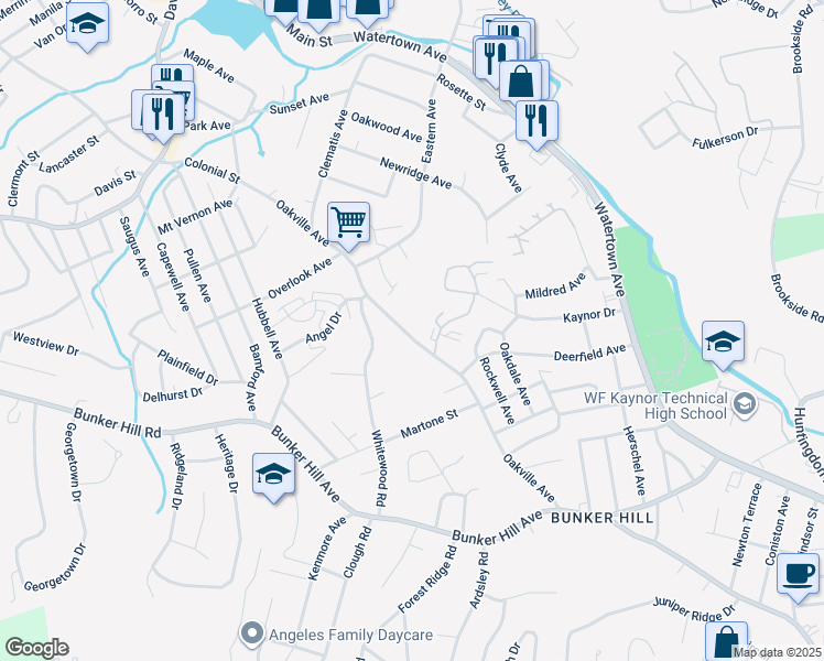 map of restaurants, bars, coffee shops, grocery stores, and more near 259 Oakville Avenue in Waterbury