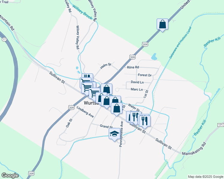 map of restaurants, bars, coffee shops, grocery stores, and more near 59 Marc Lane in Wurtsboro