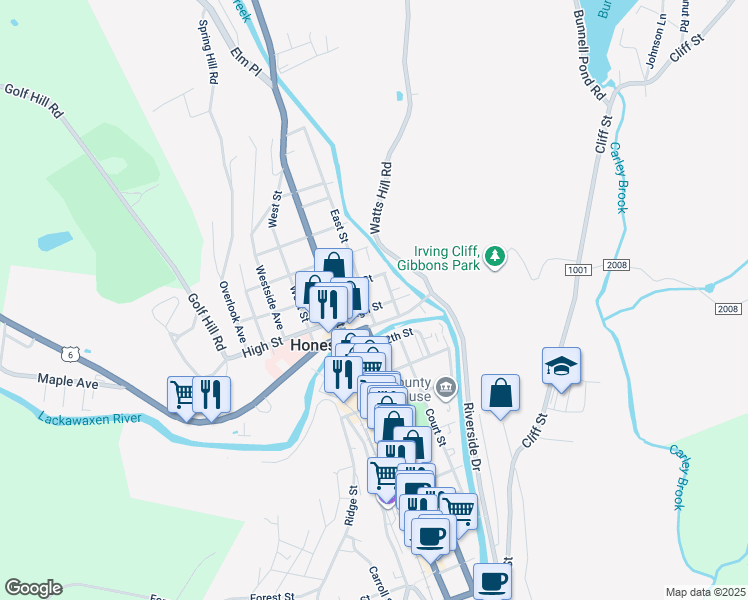 map of restaurants, bars, coffee shops, grocery stores, and more near 1216 Dyberry Place in Honesdale