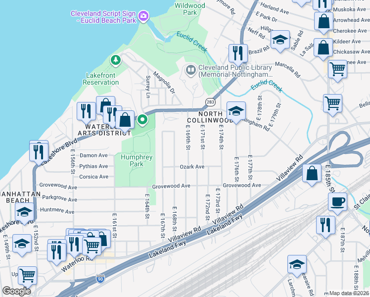 map of restaurants, bars, coffee shops, grocery stores, and more near 1075 East 169th Street in Cleveland