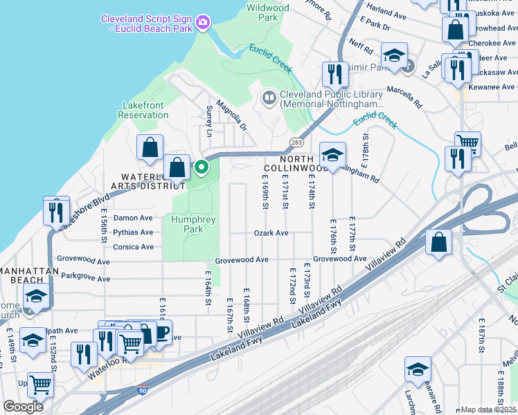 map of restaurants, bars, coffee shops, grocery stores, and more near 1075 East 169th Street in Cleveland