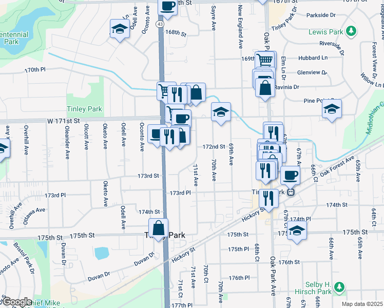 map of restaurants, bars, coffee shops, grocery stores, and more near 17201 71st Avenue in Tinley Park