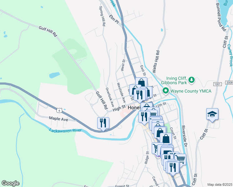 map of restaurants, bars, coffee shops, grocery stores, and more near 1400-1410 Hillside Avenue in Honesdale