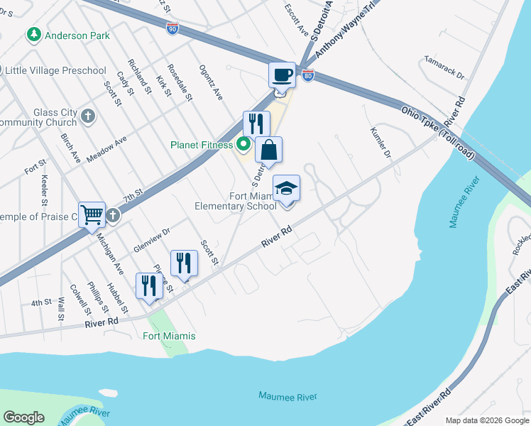 map of restaurants, bars, coffee shops, grocery stores, and more near 2430 Detroit Avenue in Maumee