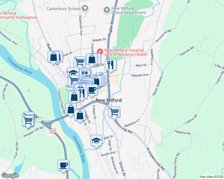map of restaurants, bars, coffee shops, grocery stores, and more near 28 East Street in New Milford