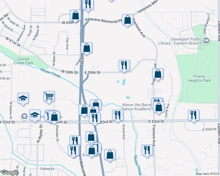 map of restaurants, bars, coffee shops, grocery stores, and more near 5725 North Brady Street in Davenport