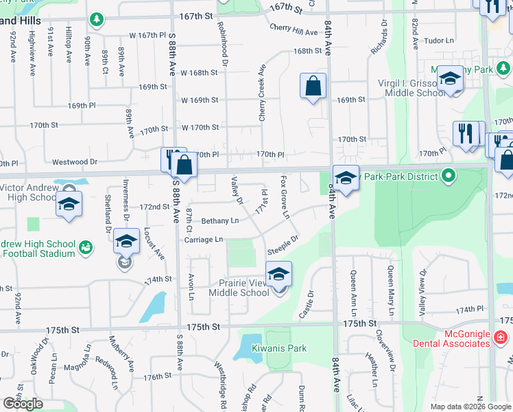 map of restaurants, bars, coffee shops, grocery stores, and more near 17149 Valley Drive in Tinley Park