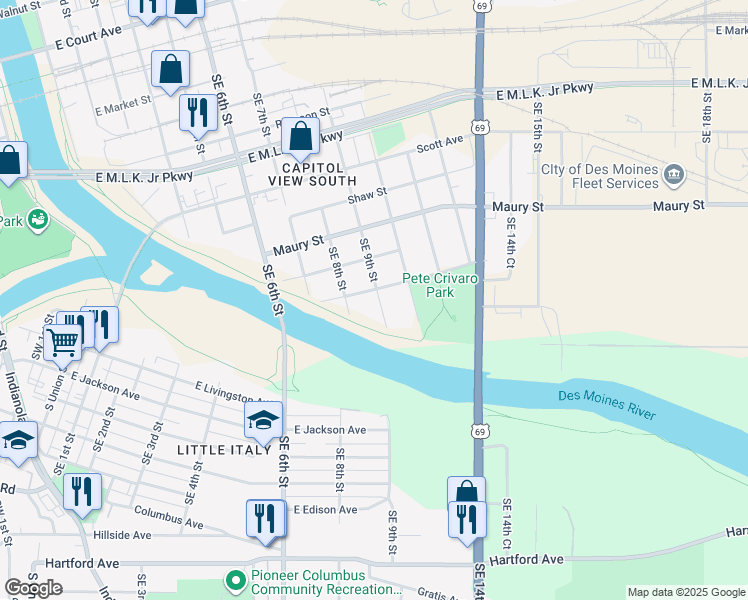 map of restaurants, bars, coffee shops, grocery stores, and more near 827 East Railroad Avenue in Des Moines