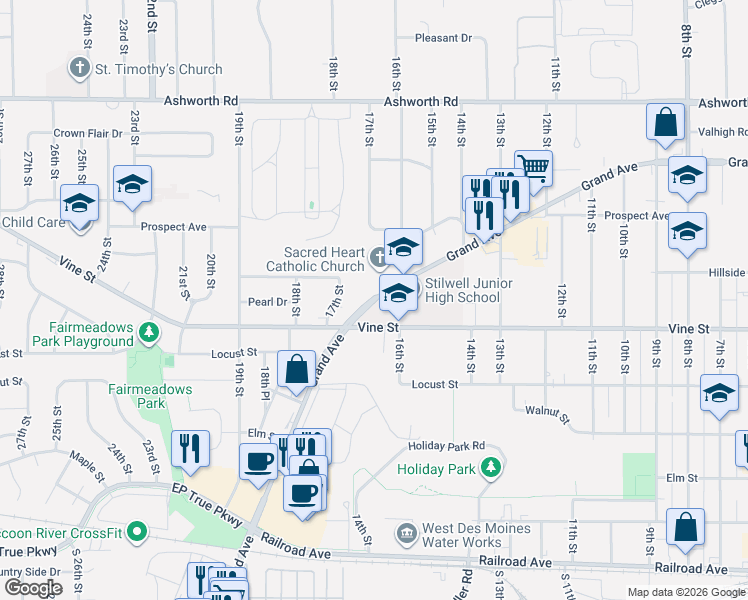 map of restaurants, bars, coffee shops, grocery stores, and more near 1600-1698 Grand Ave in West Des Moines