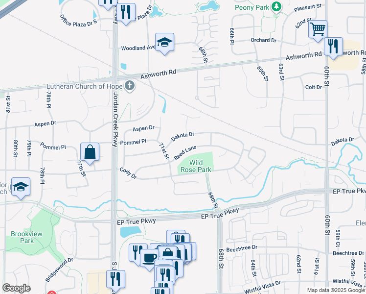map of restaurants, bars, coffee shops, grocery stores, and more near 6935 Reed Lane in West Des Moines