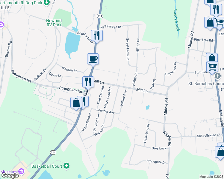 map of restaurants, bars, coffee shops, grocery stores, and more near 14 Maize Corn Road in Portsmouth