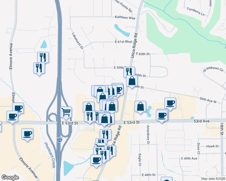 map of restaurants, bars, coffee shops, grocery stores, and more near East 55th Street in Davenport
