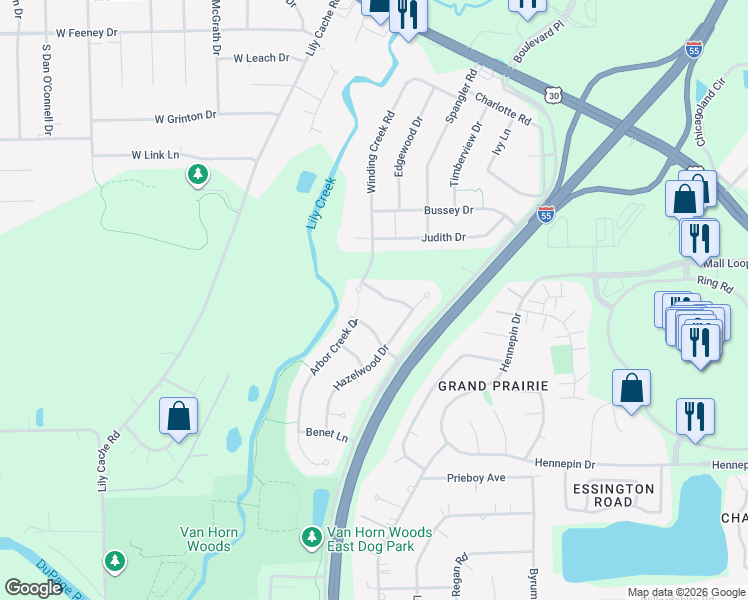 map of restaurants, bars, coffee shops, grocery stores, and more near 23046 Ironwood Drive in Plainfield