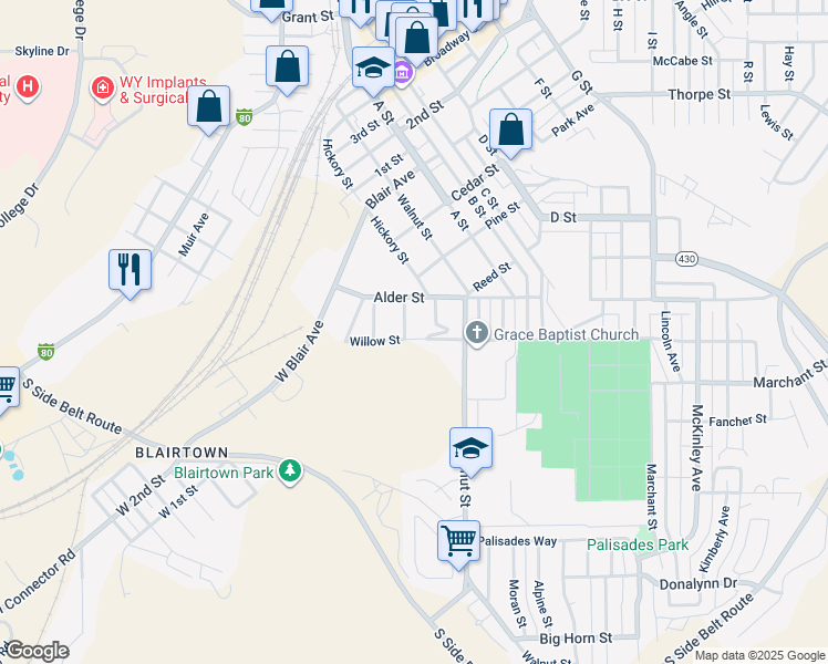 map of restaurants, bars, coffee shops, grocery stores, and more near 808-810 Hickory St in Rock Springs