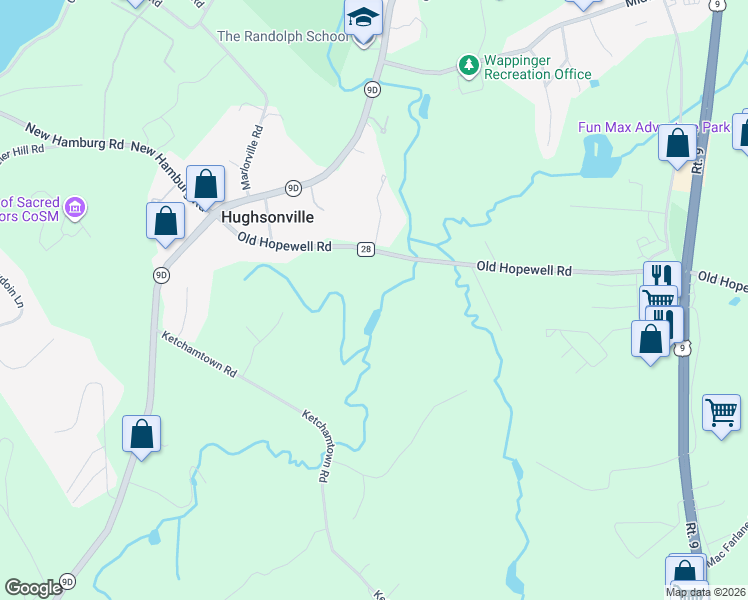 map of restaurants, bars, coffee shops, grocery stores, and more near 126 Old Hopewell Road in Wappingers Falls