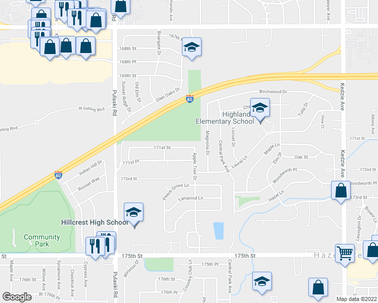 map of restaurants, bars, coffee shops, grocery stores, and more near 3722 171st Street in Country Club Hills