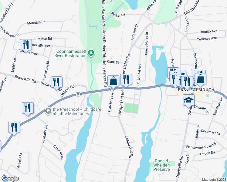 map of restaurants, bars, coffee shops, grocery stores, and more near 93 East Falmouth Highway in Falmouth