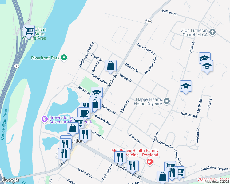 map of restaurants, bars, coffee shops, grocery stores, and more near 345 Main Street in Portland