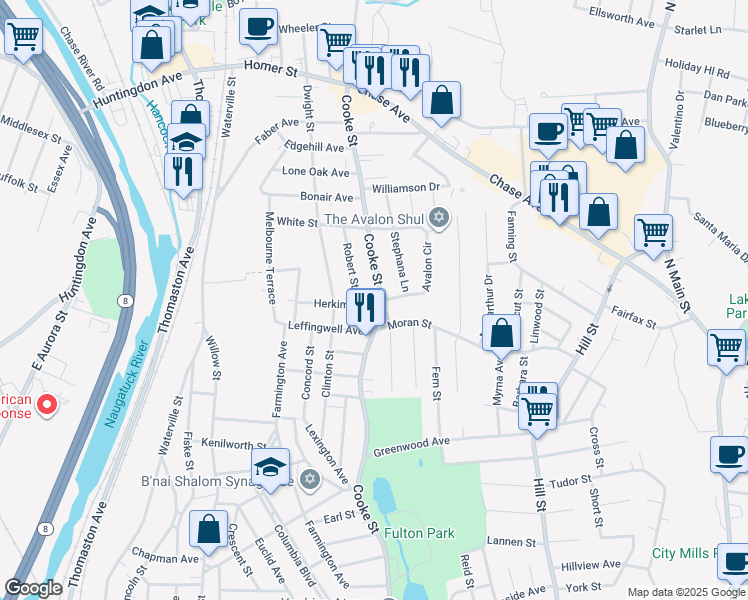 map of restaurants, bars, coffee shops, grocery stores, and more near in Waterbury