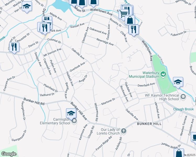 map of restaurants, bars, coffee shops, grocery stores, and more near 259 Oakville Avenue in Waterbury