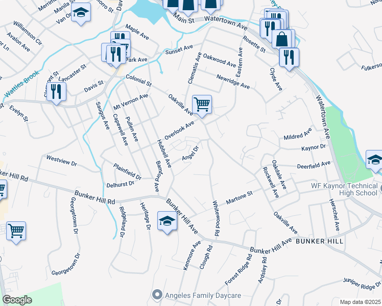 map of restaurants, bars, coffee shops, grocery stores, and more near 62 Angel Drive in Waterbury