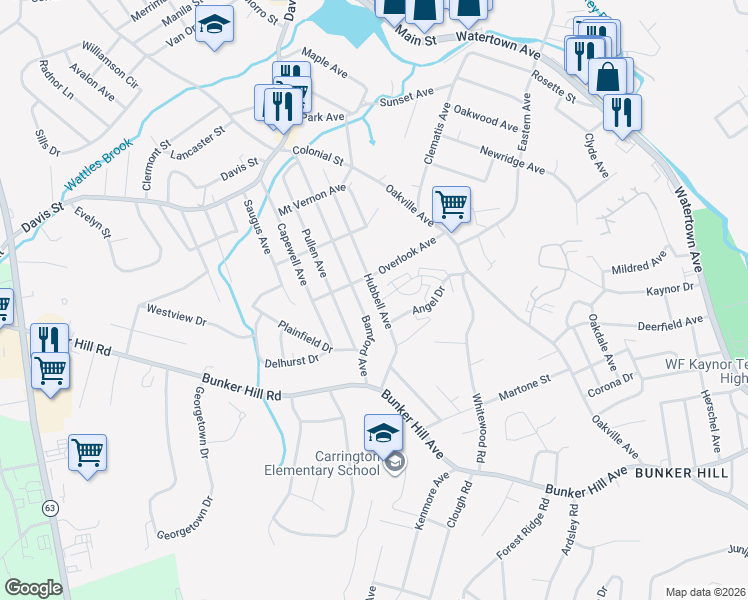 map of restaurants, bars, coffee shops, grocery stores, and more near 183 Bamford Avenue in Waterbury