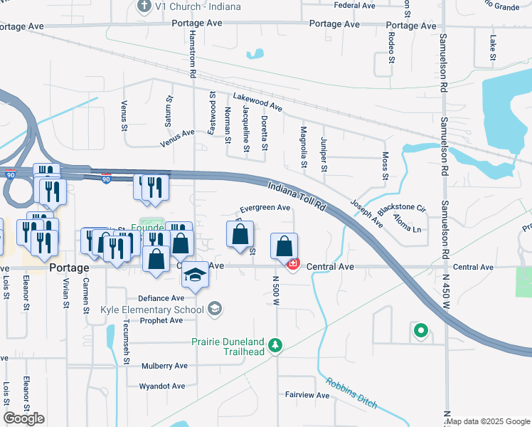 map of restaurants, bars, coffee shops, grocery stores, and more near 6465-6495 Evergreen Avenue in Portage