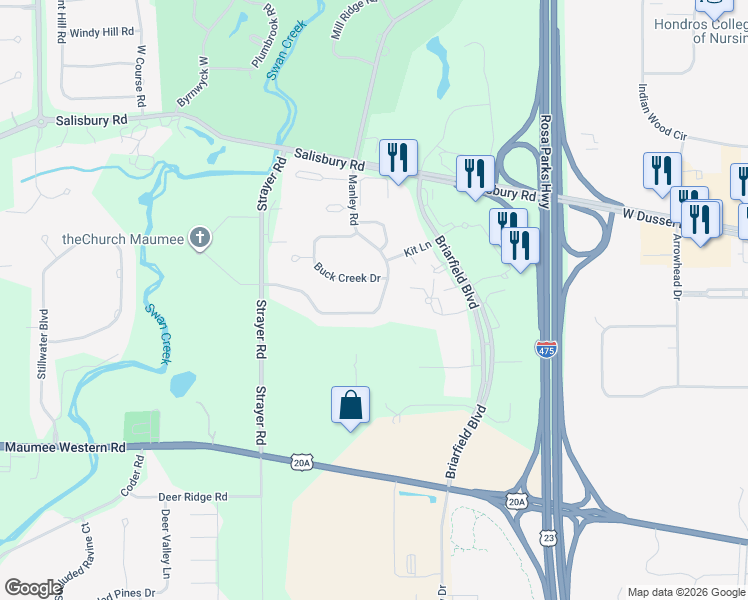 map of restaurants, bars, coffee shops, grocery stores, and more near 3434 Manley Road in Maumee