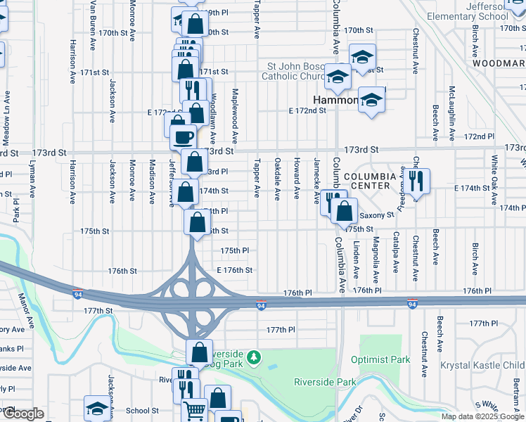 map of restaurants, bars, coffee shops, grocery stores, and more near 7414 Oakdale Avenue in Hammond