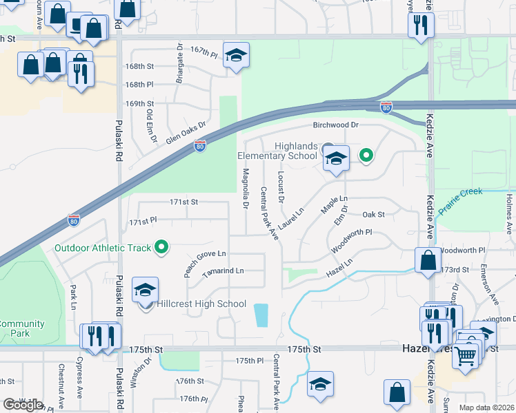map of restaurants, bars, coffee shops, grocery stores, and more near 17112 Central Park Avenue in Hazel Crest