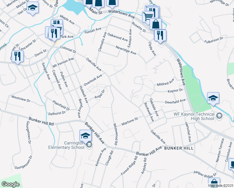 map of restaurants, bars, coffee shops, grocery stores, and more near 259 Oakville Avenue in Waterbury