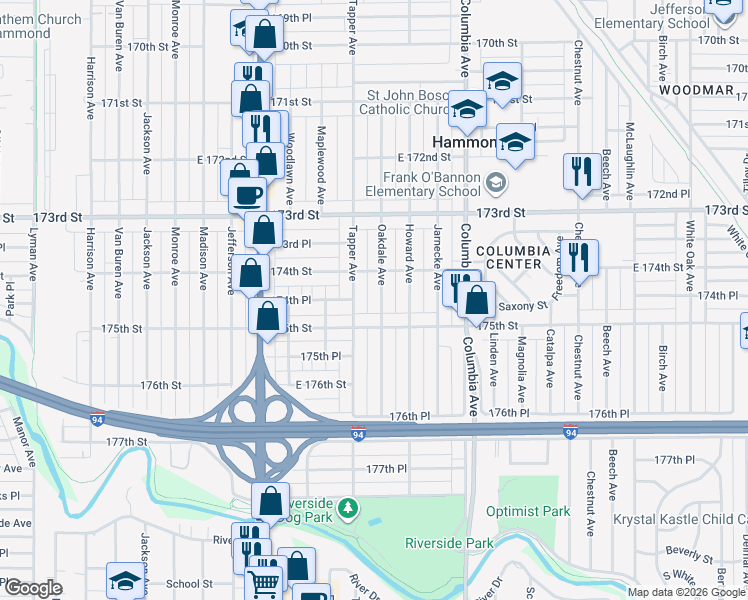 map of restaurants, bars, coffee shops, grocery stores, and more near 7414 Oakdale Avenue in Hammond