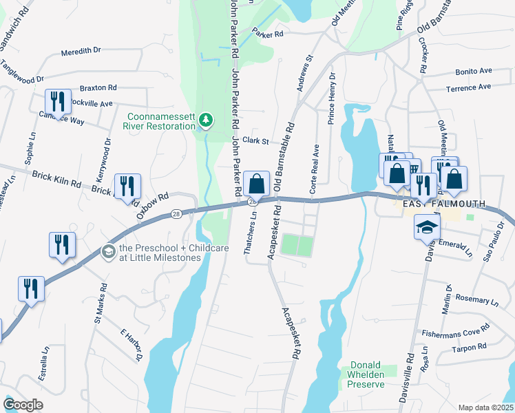 map of restaurants, bars, coffee shops, grocery stores, and more near 93 East Falmouth Highway in Falmouth